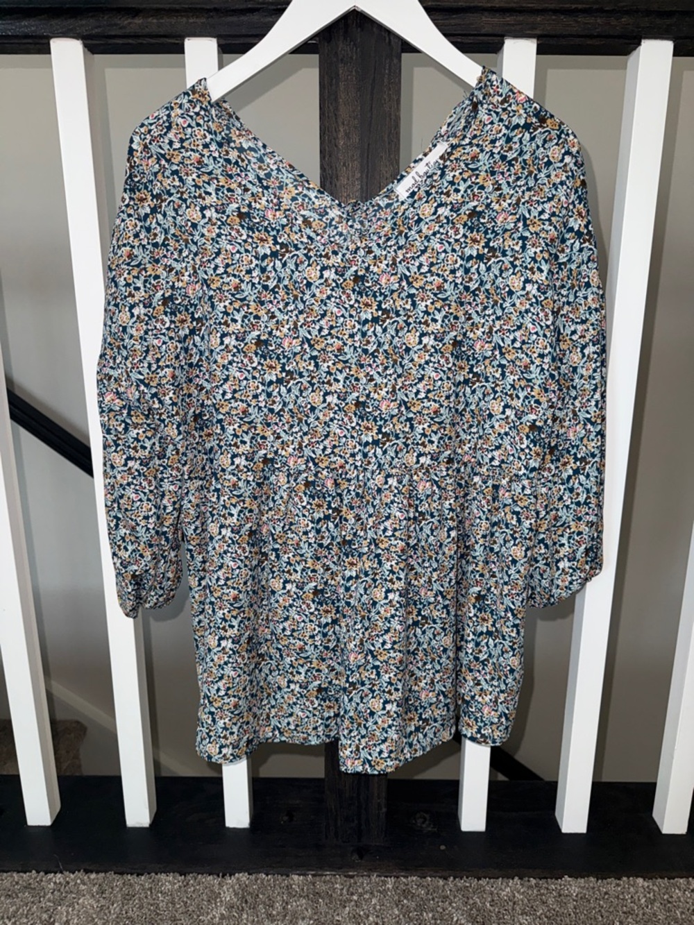 Floral V-Neck Babydoll Blouse in Teal Multi